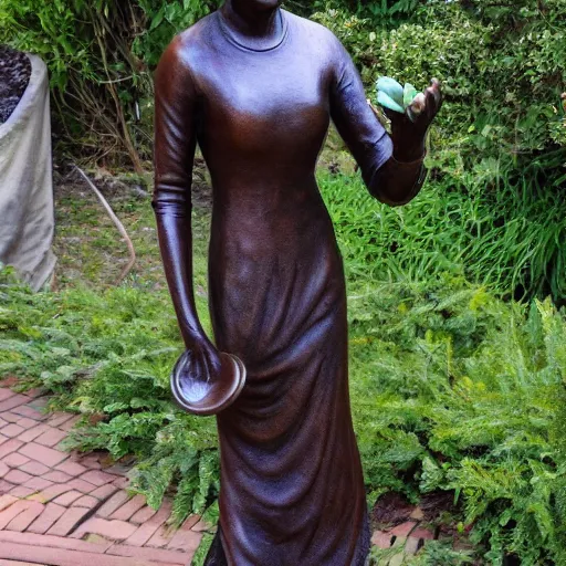 Prompt: realistic bronze statue standing woman holding flower