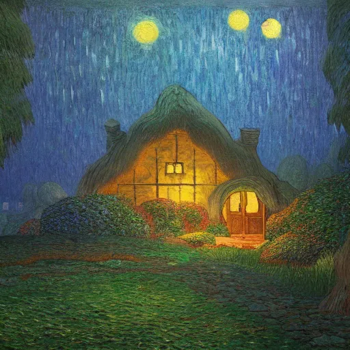 Image similar to mysterious detailed painting of a cozy english cottage in the woods at night, surrounded by giant glowing mushrooms, in the style of studio ghibli and moebius and claude monet and edward hopper and vincent van gogh