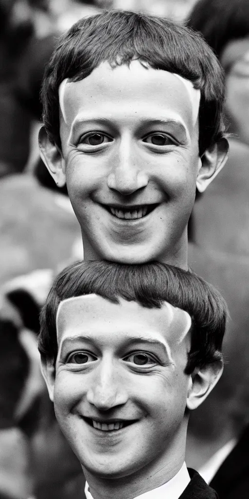 Image similar to Marc Zuckerberg with Beatles hair bowl cut with face painted bright white raising one eye brow