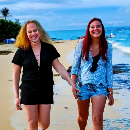 Prompt: two transgender lesbians smiling and having a good time together walking next to the beach