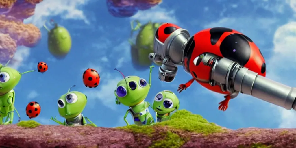 Prompt: a 3 d rendered movie still from a distance of 3 0 m of a ladybug 1 million years from now. the ladybug is sentient, wears tiny spacesuit, and conquered space exploration in a tiny space ship. science fiction blockbuster movie ladybugs rule the world, imax 7 0 mm. buzz lightyear.