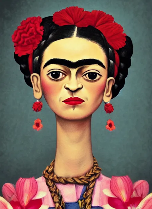 Prompt: frida kahlo as a mark ryden doll, detailed digital art, trending on Artstation