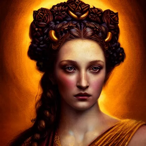 Prompt: majestic gracious regal seductive deity persephone portrait, ancient greece, atmospheric lighting, painted, ravenous, tempestuous, humble, intricate, volumetric lighting, beautiful, rich deep colours masterpiece, golden hour, golden ratio, sharp focus, ultra detailed, by leesha hannigan, ross tran, thierry doizon, kai carpenter, ignacio fernandez rios