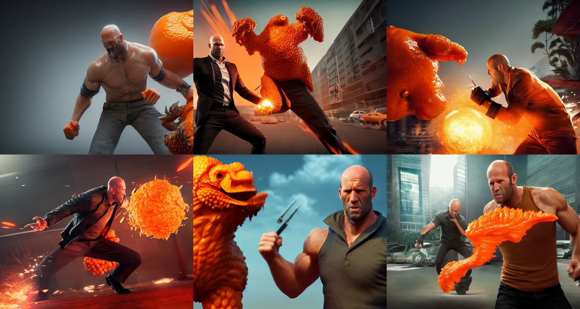 Prompt: ultrarealistic jason statham fighting a giant orange chicken by yusuke murata in tokyo, octane render, substance painter, movie action still frame, cinematic lighting, volumetric lighting, extreme intricate details, artstation, dnd art, cgsociety, sharp focus, ultra wide angle, digital painting by artgerm, gerald brom, wlop