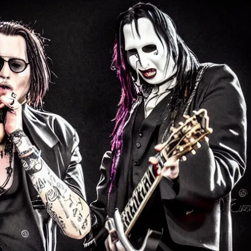 Prompt: A photorealistic photograph of Johnny Depp and Marilyn Manson performing on stage in a band. Trending on Artstation, featured on Behance, well-rendered, intricate, highly detailed, very crispy, Unreal Engine, 4K HD