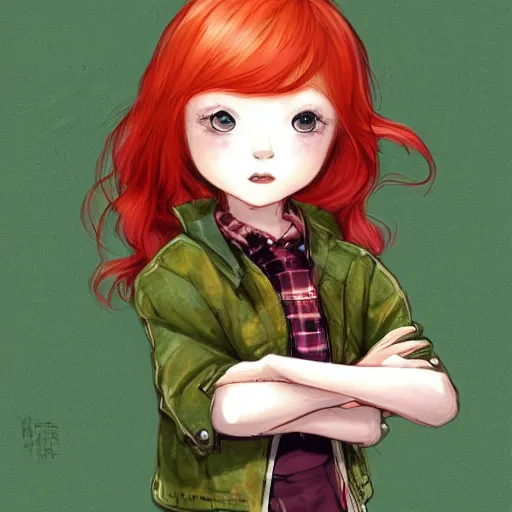 Image similar to A cute cartoon ginger girl with red hair, wearing a brown green jacket, digital art, Akihiko Yoshida