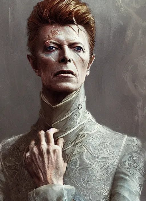 Image similar to david bowie as medieval prince, intricate, elegant, highly detailed, digital painting, artstation, concept art, smooth, sharp focus, illustration, game of thrones, art by greg rutkowski and alphonse mucha and aleksi briclot