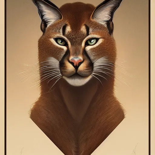 Prompt: portrait of caracal cat. elegant, highly detailed, digital painting, artstation, concept art, smooth, sharp focus, illustration, art by artgerm and greg rutkowski and alphonse mucha