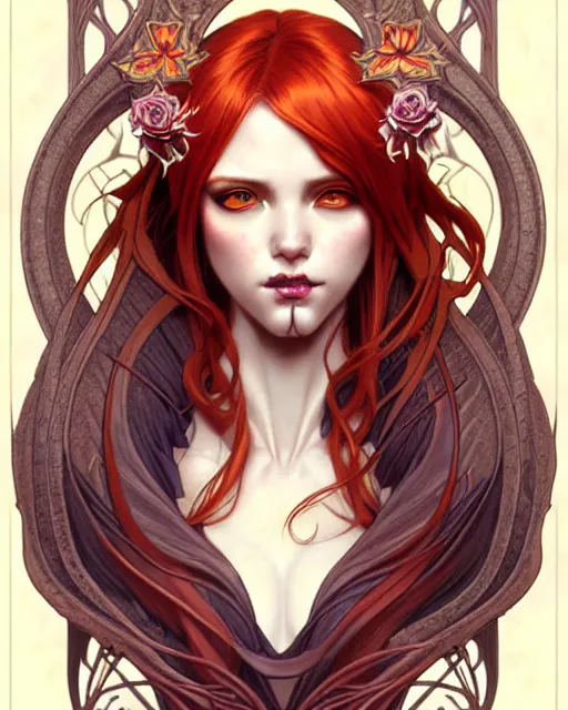 Image similar to succubus ginger portrait, art nouveau, fantasy, intricate flower designs, elegant, highly detailed, sharp focus, art by Artgerm and Greg Rutkowski and WLOP