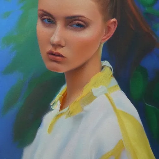 Image similar to hyperrealism oil painting of ukrainian model in vyshyvanka shirt
