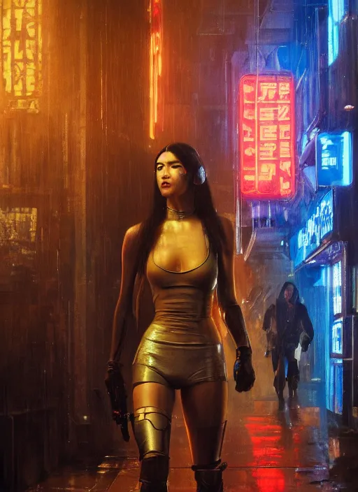 Prompt: Nikki Tanaka. Cyberpunk hitwoman walking through nightclub (blade runner 2049, cyberpunk 2077). Orientalist portrait by john william waterhouse and James Gurney and Theodore Ralli and Nasreddine Dinet, oil on canvas. Cinematic, hyper realism, realistic proportions, dramatic lighting, high detail 4k