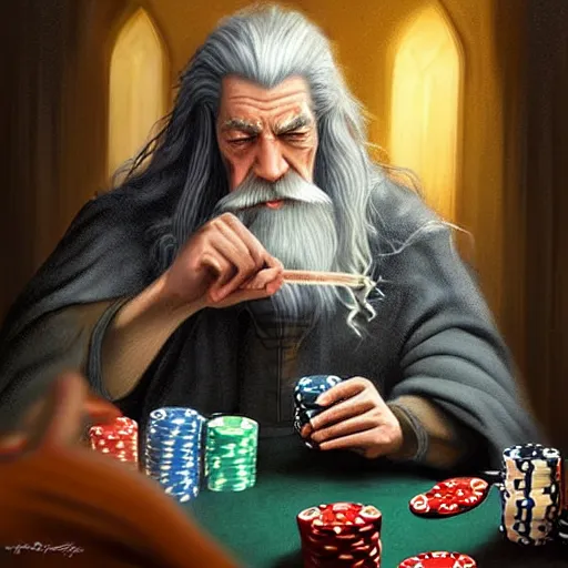 Image similar to gandalf playing poker, casino, highly detailed, digital art