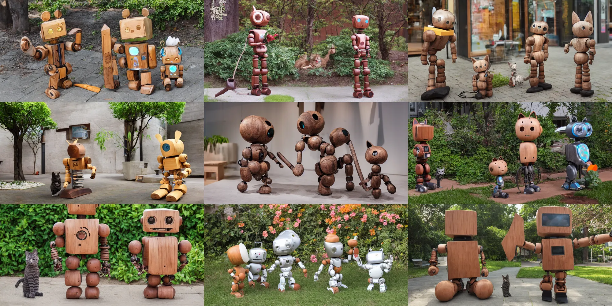 Prompt: 8k photo ,a wooden sculpture art toys on feet cute robot zen gardener with cat ears ,a contemporary art gallery