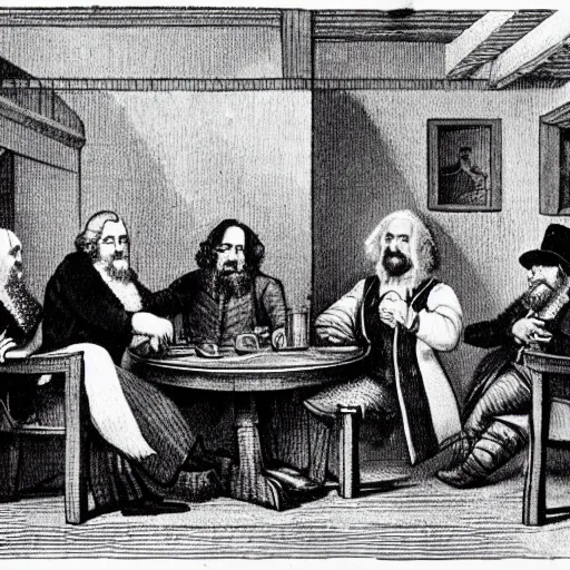 Prompt: the quaker oats man having a drink with ron jeremy at a round table in a tavern