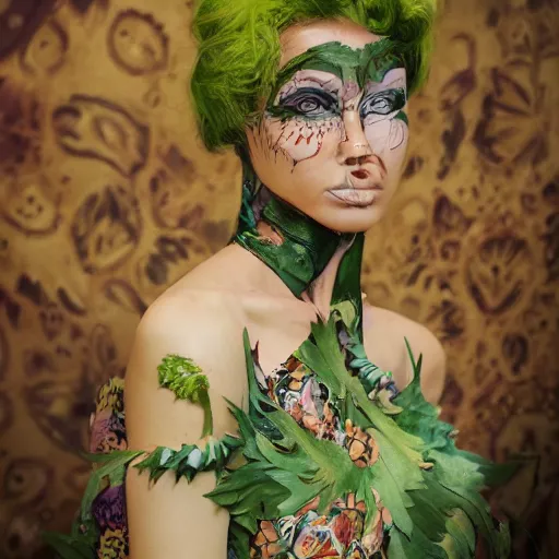 Prompt: A beautiful portrait of Charlotte Di Calypso as Poison Ivy from Batman as a Versace fashion model Spring/Summer 2010, highly detailed, in the style of cinematic, Getty images, Milan fashion week backstage, Makeup by Pat McGrath, Hair by Guido Palau, Greg rutkowski