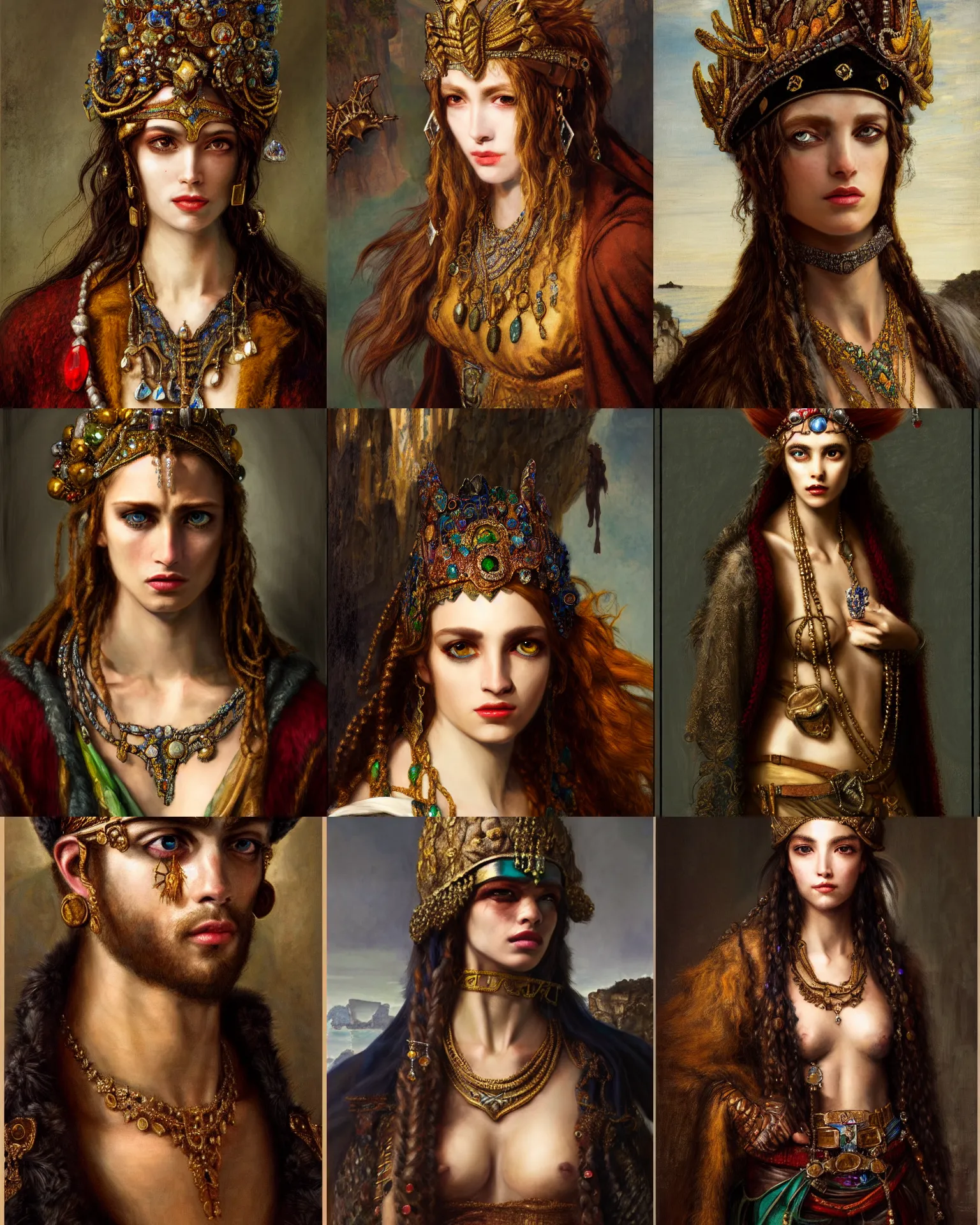Prompt: a realistic portrait of the brave thief of ancient jewels in cape by Reynold Brown and Zeen Chin and Gustave Moreau, cadet and caput-mortuum colour scheme, perfect faces, dark, trending on artstation, details, intricate