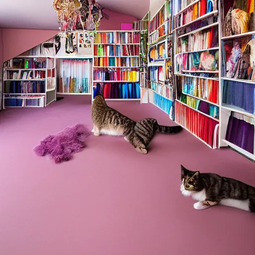 Prompt: color studio photo of a cats filled floor to ceiling in a bedroom