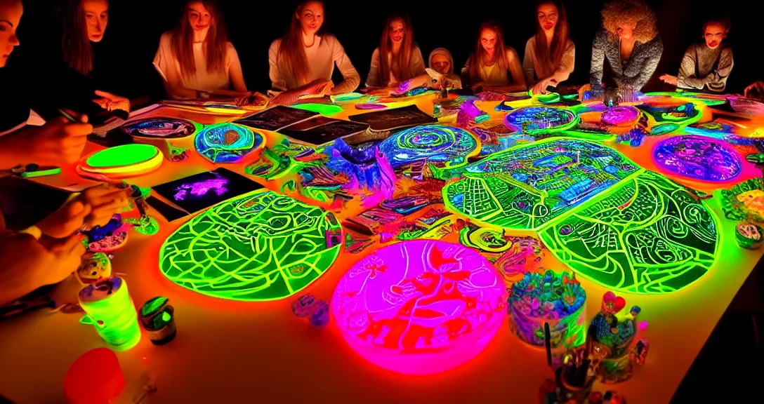 Image similar to creativity, 13 diverse creatives on one_side of a reflective !creativity table, inticrate detailed glowing ideas, highly detailed, dramatic lighting, fine details, high details, beautiful lighting