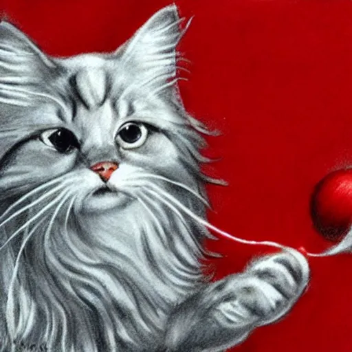 Image similar to long - haired siberian cat playing with a red yarn ball, illustration, charcoal, simon bisley