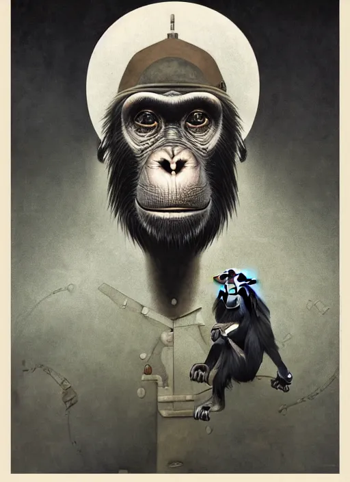 Image similar to a dieselpunk portrait of an anthropomorphic chimpanzee character, by stephen gammell, by george ault, by jack gaughan, by victo ngai, artstation