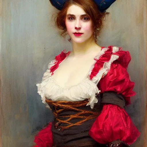 Prompt: Solomon Joseph Solomon and Richard Schmid and Jeremy Lipking victorian genre painting portrait painting of a happy young beautiful woman traditional german french actress model pirate wench in fantasy costume, red background