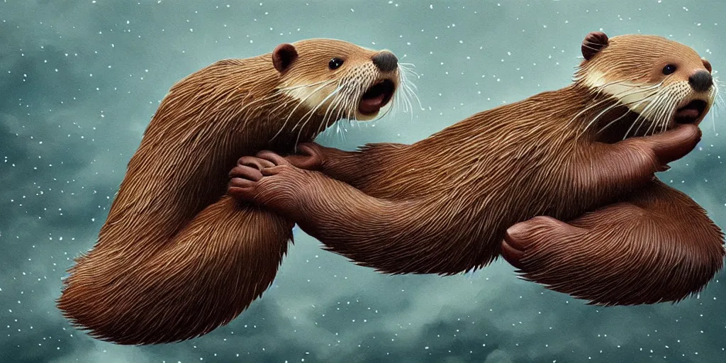 Image similar to illustration hyper detailed cute otters holding hands in a huge storm cinematic dreamlike trending on artstation masterpiece