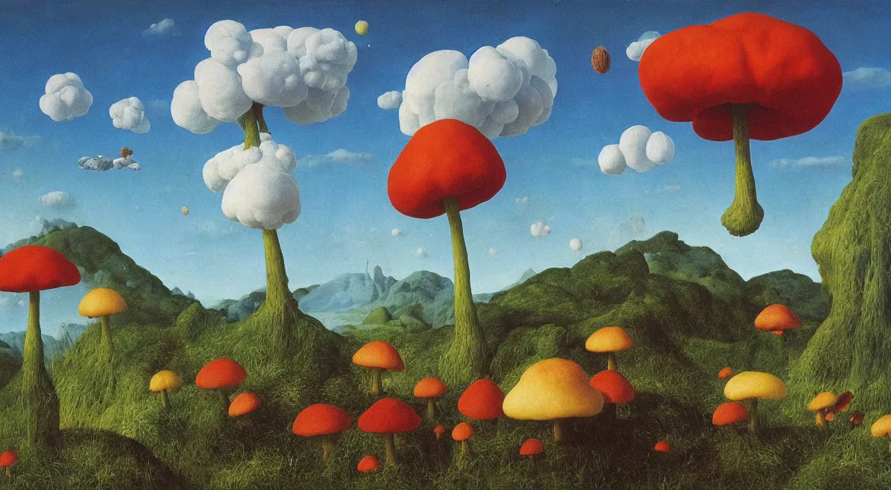 Prompt: a single toadstool fungus floating in the clear sky, a high contrast!! ultradetailed photorealistic painting by jan van eyck, audubon, rene magritte, agnes pelton, max ernst, walton ford, hard lighting, masterpiece