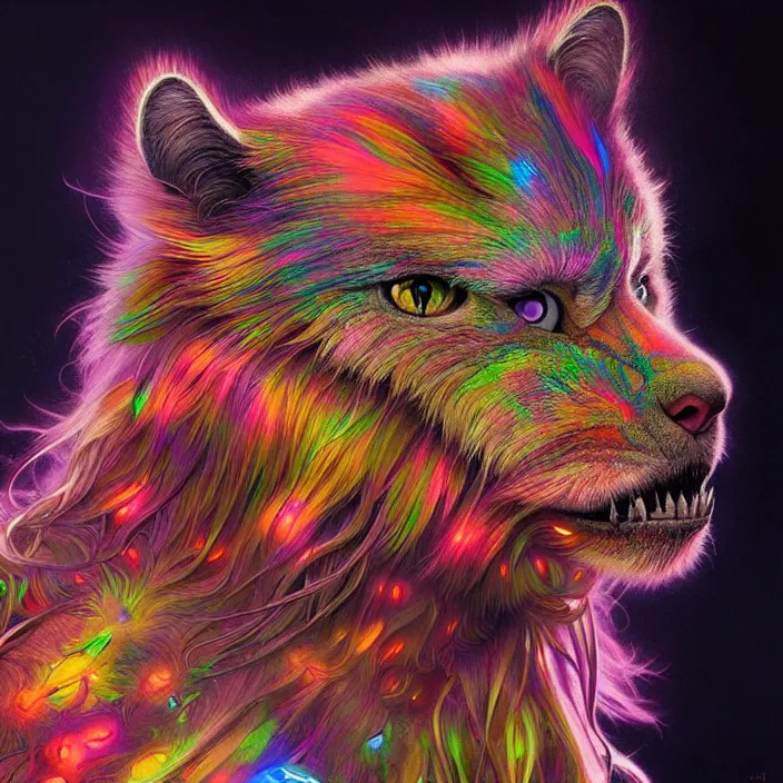 Image similar to bright psychedelic fluffy hairy animal cyborg, diffuse lighting, fantasy, intricate, elegant, highly detailed, lifelike, photorealistic, digital painting, artstation, illustration, concept art, smooth, sharp focus, art by John Collier and Albert Aublet and Krenz Cushart and Artem Demura and Alphonse Mucha