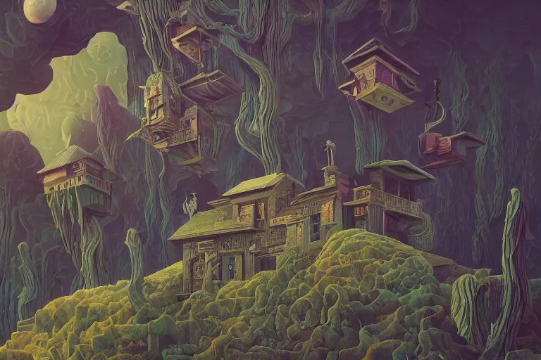 Prompt: a peculiar, beautiful dreamscape | | strange beings | | strange dwellings | | organic painting by max masnyy, jakub gazmercik, beeple, patrick faulwetter, heavenlydaemonic, and mc escher, surrealism, trending on artstation