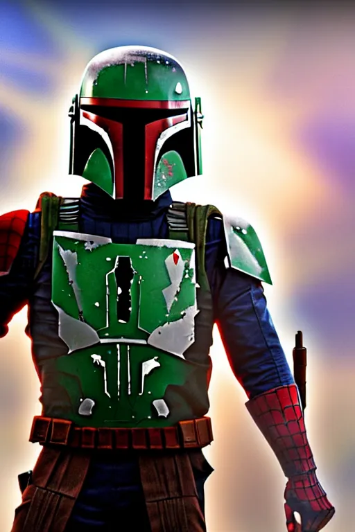 Image similar to boba fett mixed with spiderman, digital art, movie still from thor ragnarok, insane detail