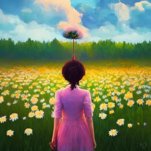 Image similar to girl with a full daisies head, surreal photography, flower field, sunset dramatic light, impressionist painting, colorful clouds, blue sky, digital painting, artstation, simon stalenhag