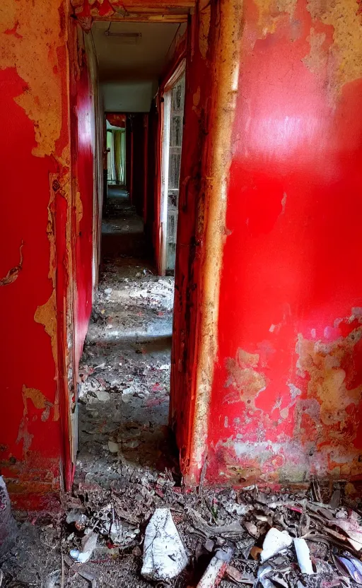 Prompt: high quality photo of a slimy red monster in the hallway of an old abandoned victorion house