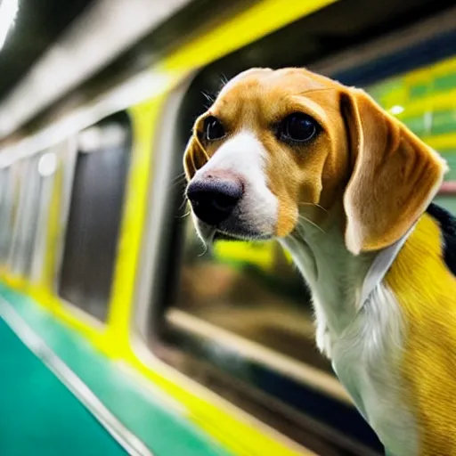 Prompt: bright yellow beagle in a subway