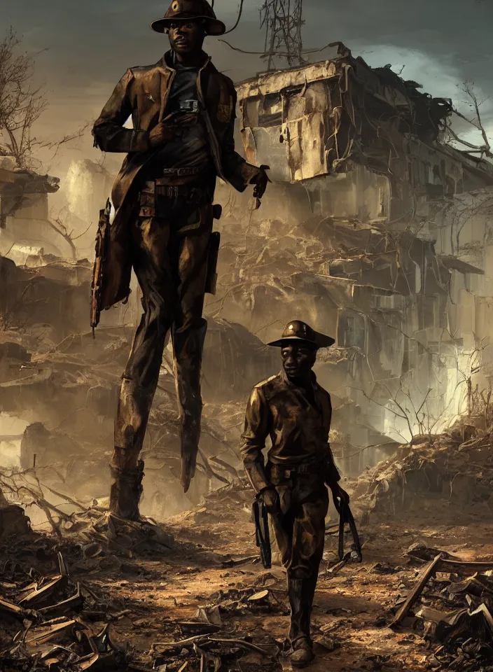 Image similar to a half portrait of preston garvey exploring a ruined settlement in fallout 4, sci - fi setting, fallout environment, drab colors, serene lighting, atmospheric, cinematic, moody, in the style of diego koi, gina heyer, luiz escanuela, art by alyssa monk, hyperrealism, rule of thirds, golden ratio, oil on canvas, 8 k