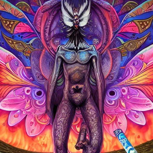 Image similar to 8K Portrait of centered chest up of a psychedelic godlike mothman with giant mandala wings smoking a hand-rolled cigarette smoking heavily , magic mushroom village in background , post-processing , award winning. superb resolution. in the art style of junji Ito and greg rutkowski . Detailed Mushroom city in background. Hyper realistic anime. Perfect art. Dalle2