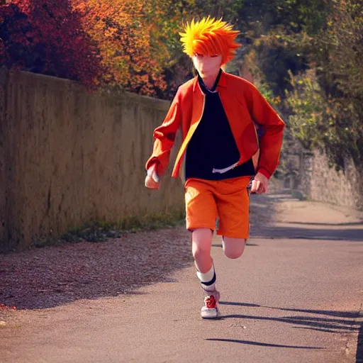 Image similar to orange - haired anime boy, 1 7 - year - old anime boy with wild spiky hair, wearing red jacket, running through italian town, yellow sunshine, sepia sun, ultra - realistic, sharp details, subsurface scattering, intricate details, hd anime, 2 0 1 9 anime