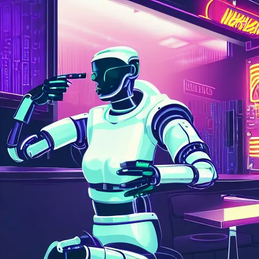 Image similar to A synthetic robot mercenary with human appearance drinking at a bar, night, cyberpunk city, purple neon, bladerunner