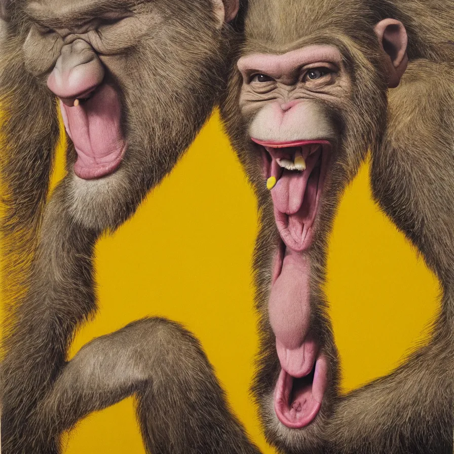 Prompt: hyper realistic portrait painting by chuck close, studio lighting, brightly lit yellow room, an ape with antlers laughing with a giant rabbit clown