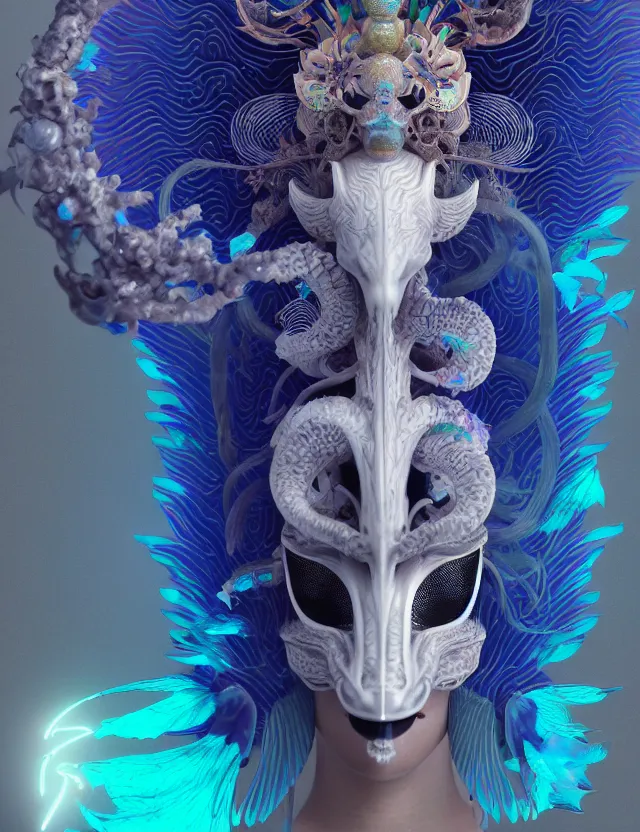 Image similar to 3 d goddess close - up profile solarpunk portrait ram skull. beautiful intricately detailed japanese crow kitsune mask and clasical japanese kimono. betta fish, jellyfish phoenix, bio luminescent, plasma, ice, water, wind, creature, artwork by tooth wu and wlop and beeple and greg rutkowski