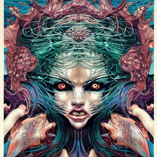 Image similar to portrait of crazy mermaid, symmetrical, by yoichi hatakenaka, masamune shirow, josan gonzales and dan mumford, ayami kojima, takato yamamoto, barclay shaw, karol bak, yukito kishiro