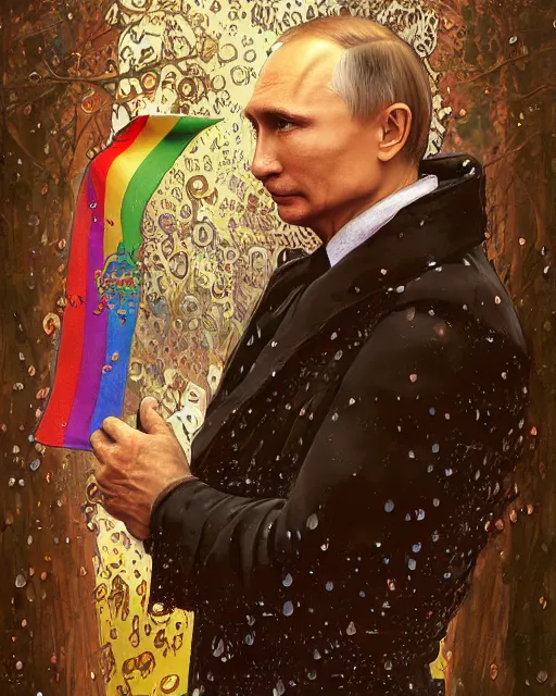 Image similar to a highly detailed portrait of Vladimir Putin holding gay pride flag, intricate, digital painting, old english, raining, sepia, particles floating, whimsical background by marc simonetti, art by artgerm and greg rutkowski and alphonse mucha