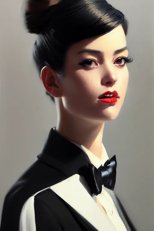 Prompt: a ultradetailed beautiful portrait panting of a stylish woman wearing a black tuxedo, oil painting, by ilya kuvshinov, greg rutkowski and makoto shinkai, trending on artstation