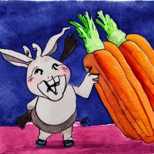 Prompt: an evil donkey is very excited when it sees a giant carrot, watercolor