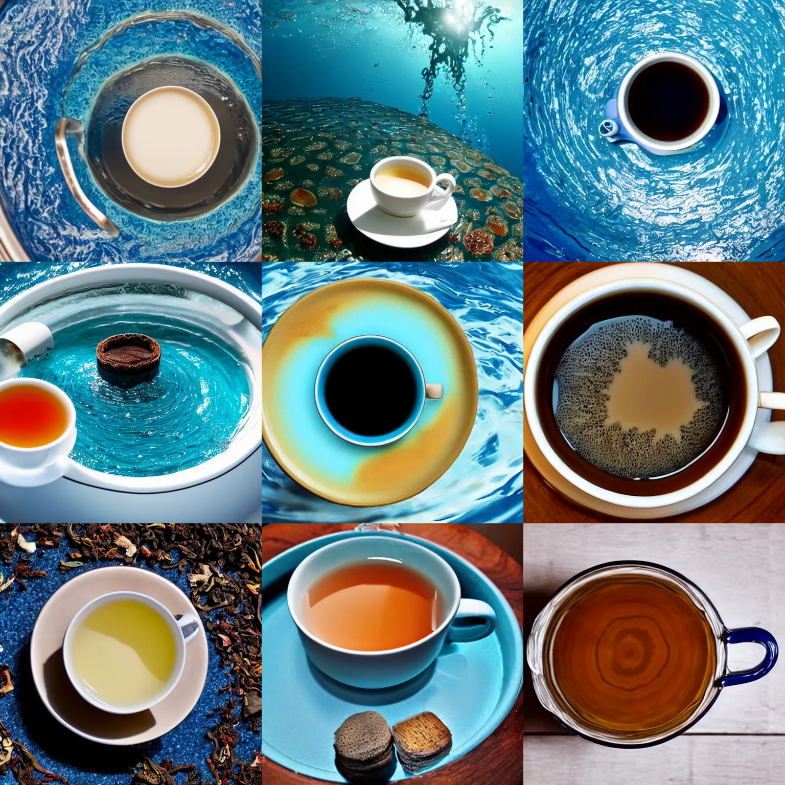 Prompt: A cup of tea with a whirlpool in it leading to the bottom of the ocean
