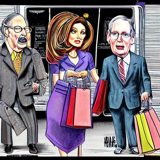 Image similar to The Artwork of R. Crumb and his Cheap Suit Mitch McConnell and Nancy Pelosi go shopping, pencil and colored marker artwork, trailer-trash lifestyle