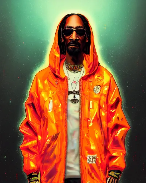 Image similar to detailed full body portrait of snoop dogg, cyberpunk futuristic neon, orange reflective puffy coat, decorated with traditional Japanese ornaments by Ismail inceoglu dragan bibin hans thoma greg rutkowski Alexandros Pyromallis Nekro Rene Maritte Illustrated, Perfect face, fine details, realistic shaded, fine-face, pretty face