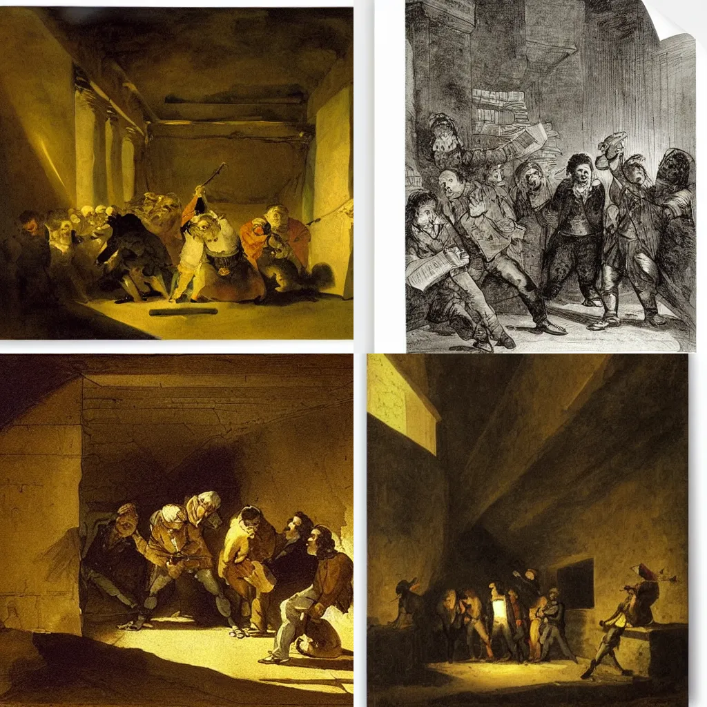 Prompt: a group of adventurers quarantining in the basement of an ancient library by Goya