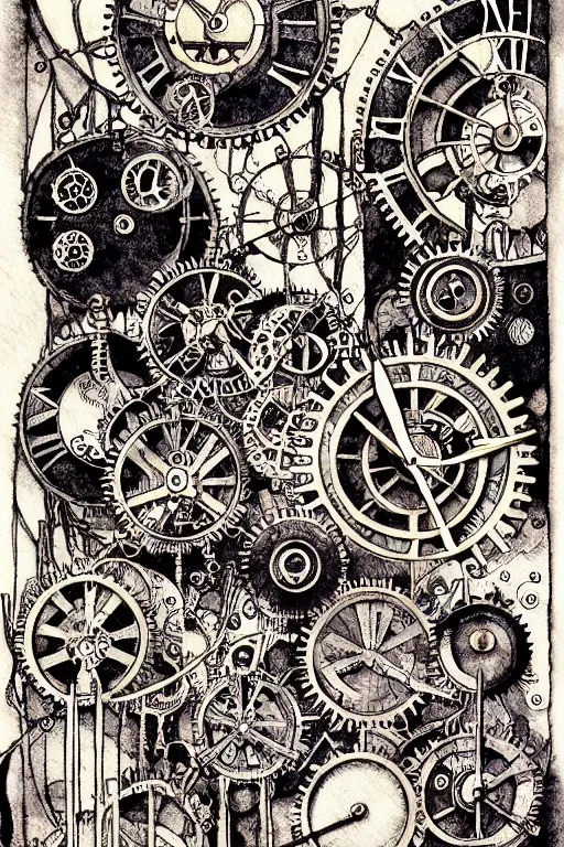 Prompt: steampunk gears, and eternal clock without numbers, dark and gothic, full frame, art by kay nielsen and walter crane, black and white illustration style, watercolor