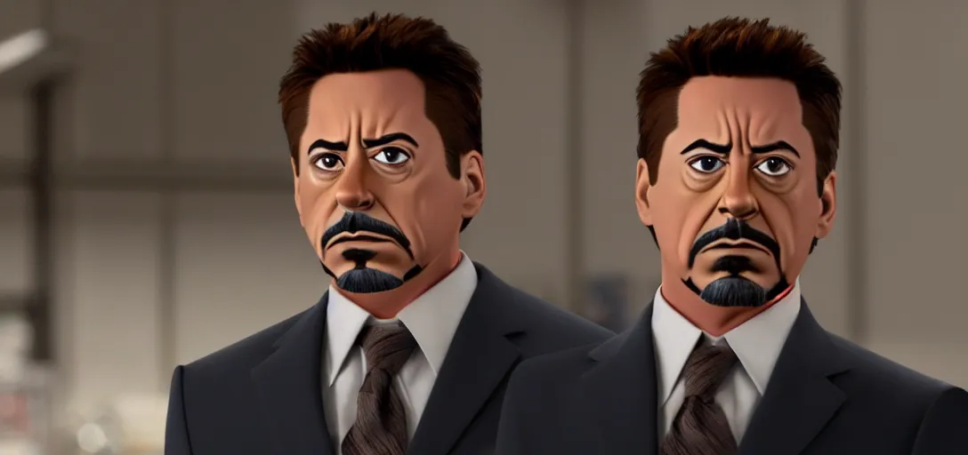 Image similar to a very high resolution image of tony stark. from an episode of the office with micheal scott. photorealistic, photography