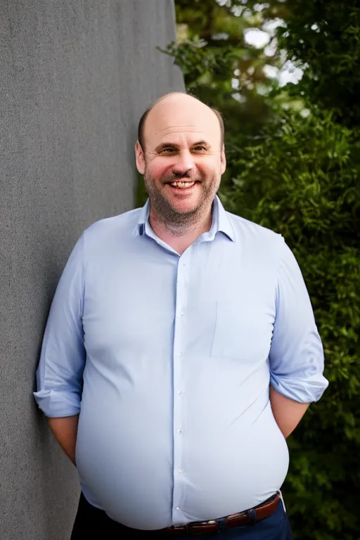 Prompt: full body color photograph of a balding, middle aged, slightly fat, brown haired, hairy, blue eyed, round faced, short white man who has a slightly large belly and thick legs, dressed in a white shirt, grey pants and black dress shoes, smiling at the camera with perfect, straight white teeth, full body portrait, head to toe